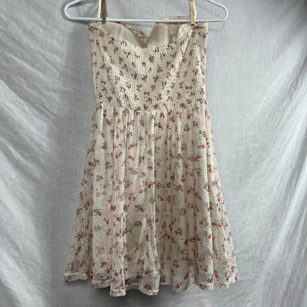 Strapless Floral Lace Midi Dress Womens S/M Smocked Bodice Cottagecore Fairy - Picture 8 of 13
